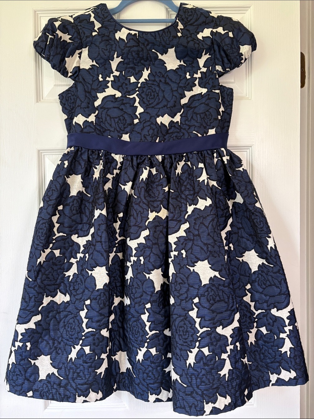 Bonnie Jean Navy and Ivory Floral Jacquard Party Dress